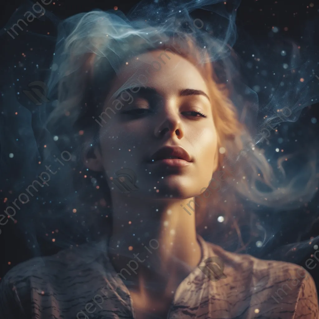 Double exposure portrait of a woman with galaxy patterns - Image 1