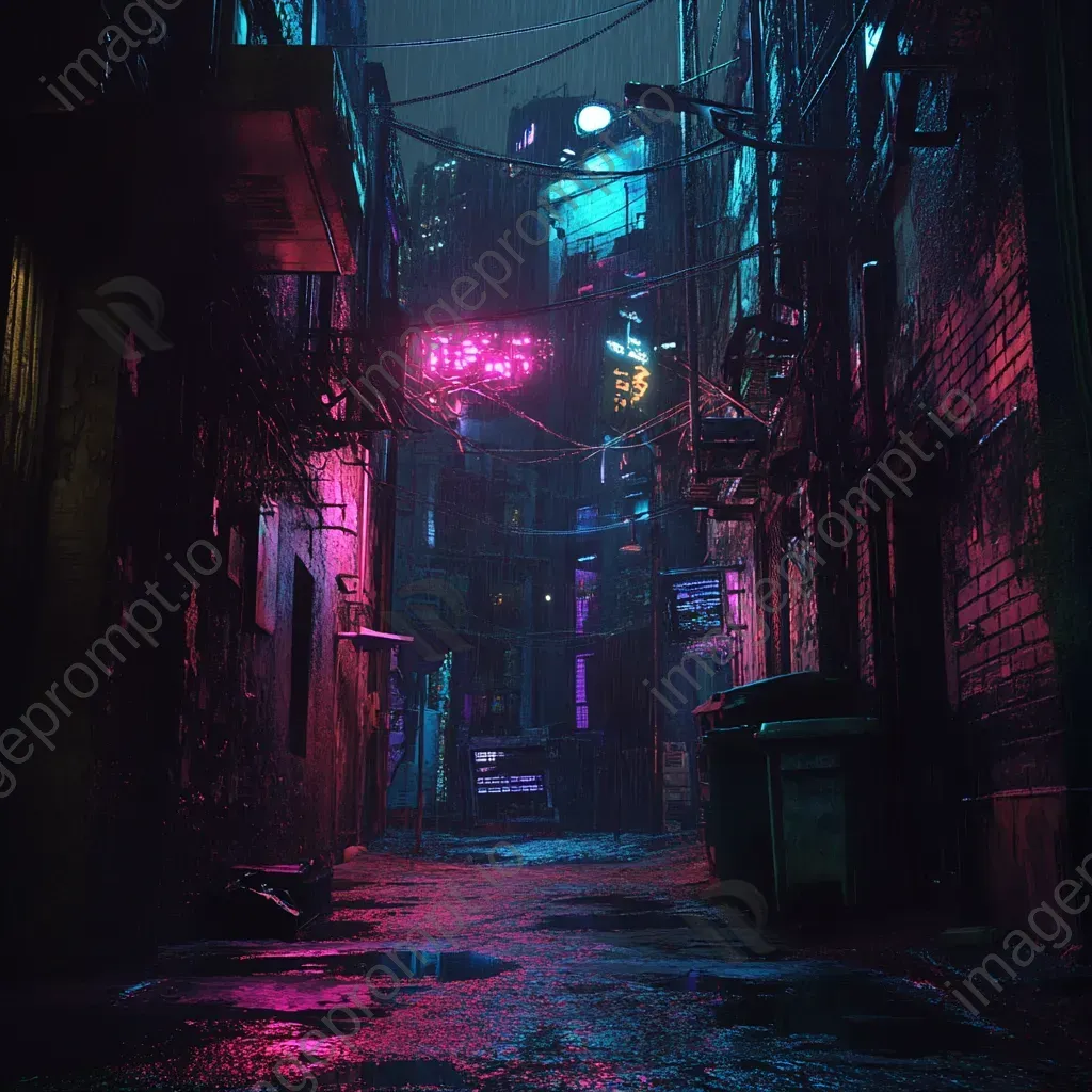 Artwork of dark alleyways under neon lights with dramatic shadows and reflections - Image 1