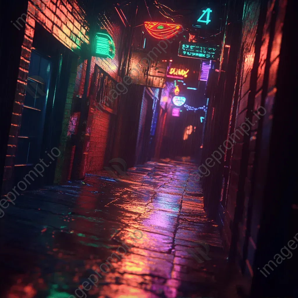 Artwork of dark alleyways under neon lights with dramatic shadows and reflections - Image 2