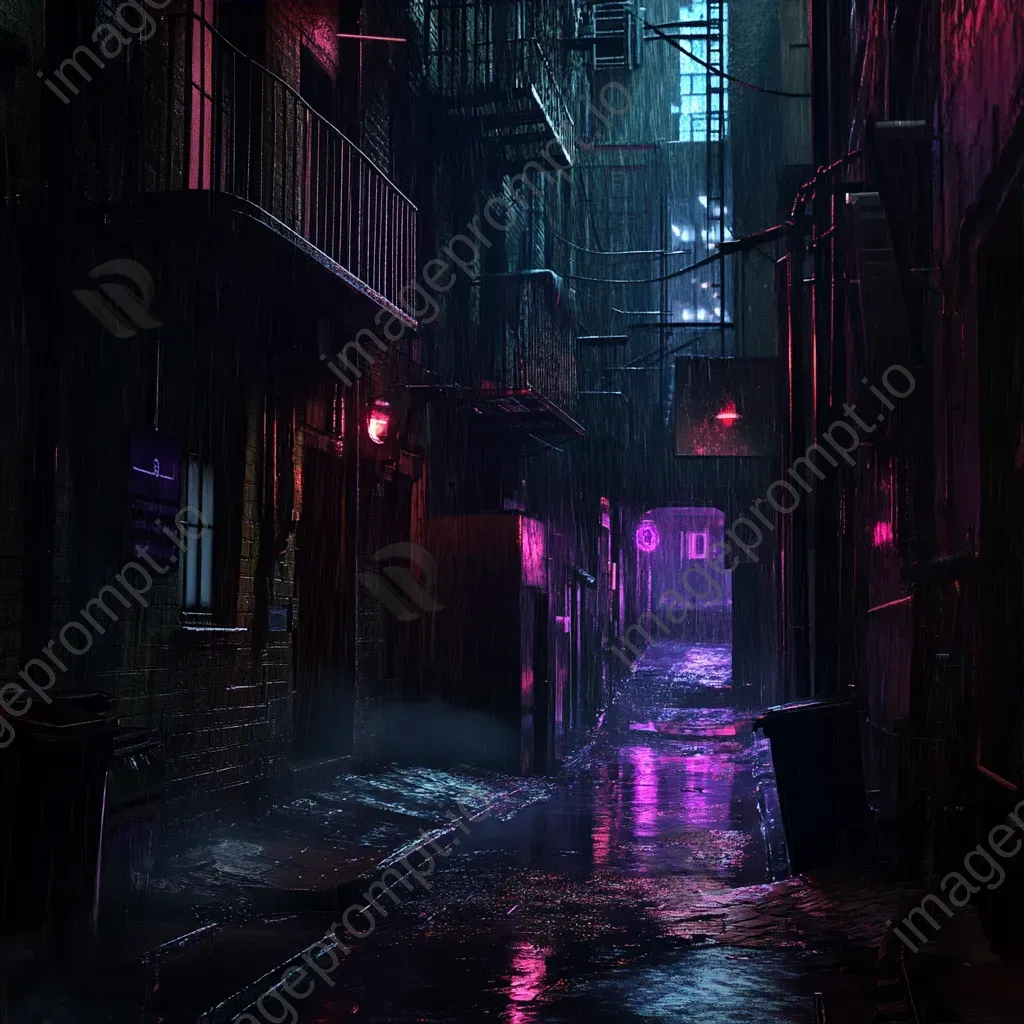 Artwork of dark alleyways under neon lights with dramatic shadows and reflections - Image 3