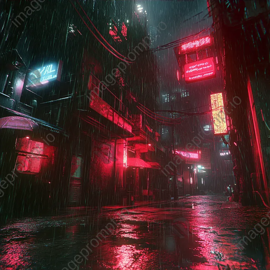 Artwork of dark alleyways under neon lights with dramatic shadows and reflections - Image 4