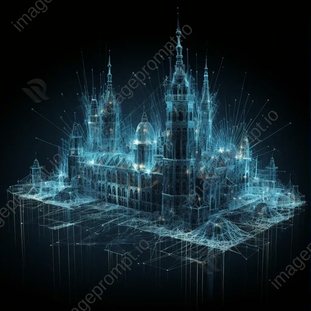 Detailed artwork of a 3D wireframe castle in cyberspace with a glitching data stream moat - Image 1