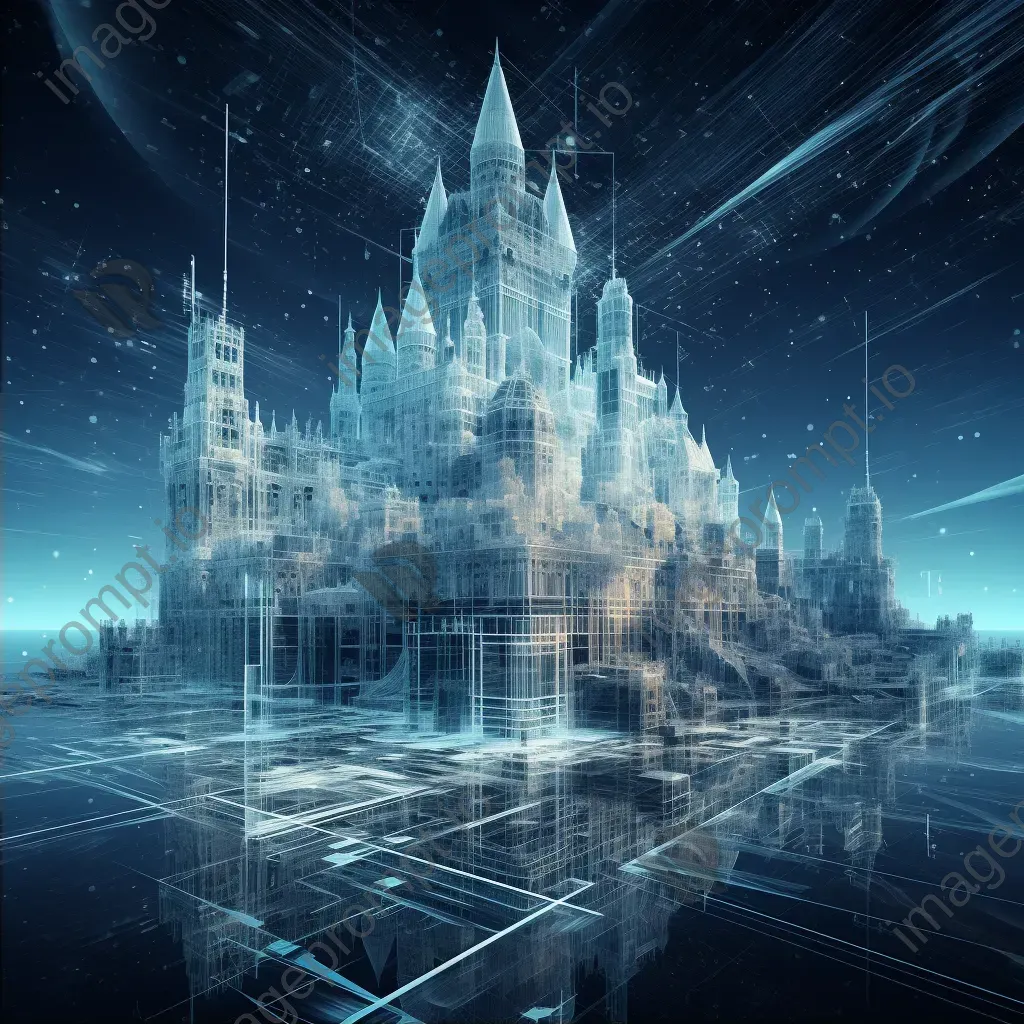 Detailed artwork of a 3D wireframe castle in cyberspace with a glitching data stream moat - Image 2