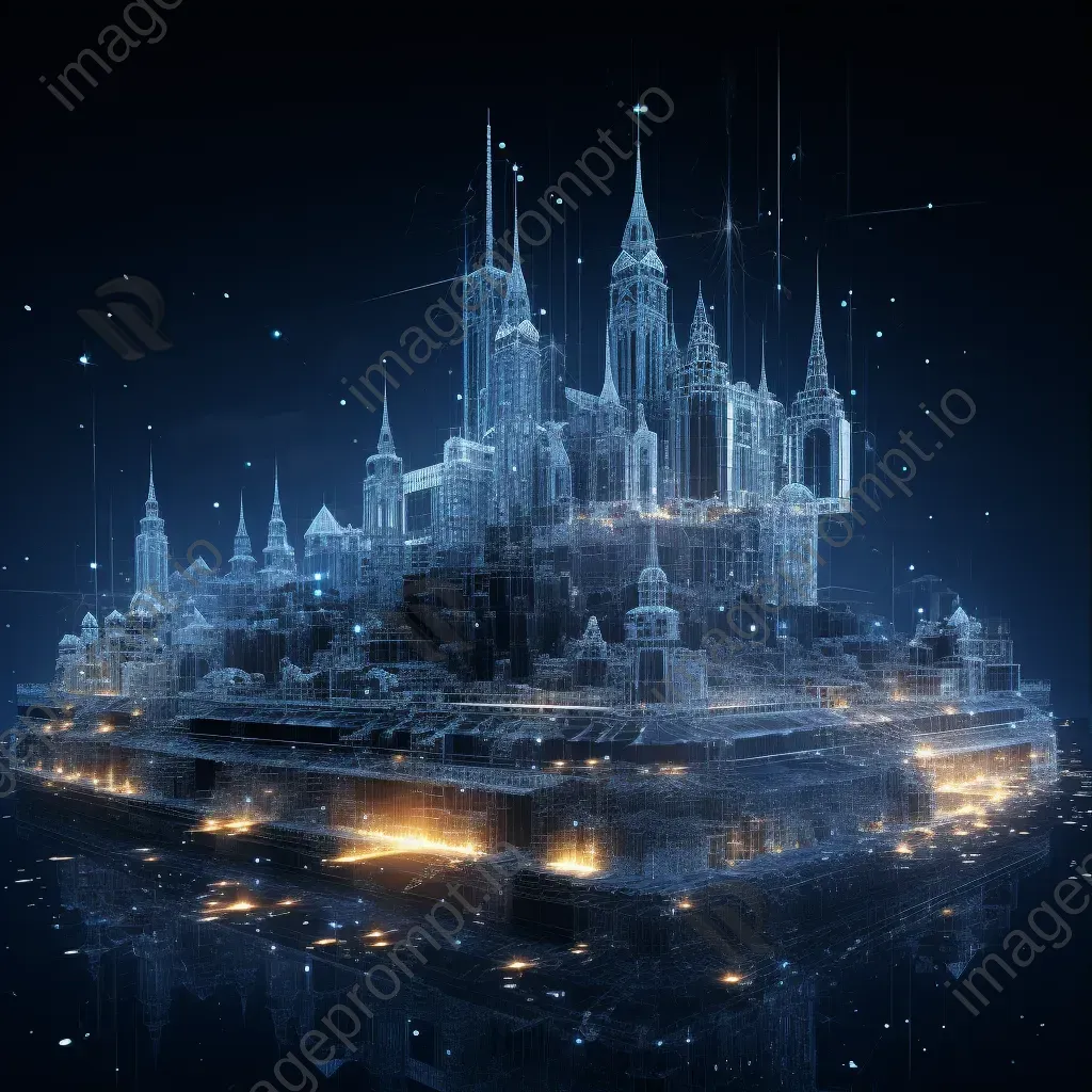 Detailed artwork of a 3D wireframe castle in cyberspace with a glitching data stream moat - Image 3