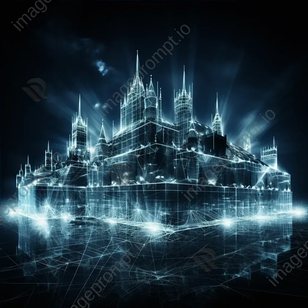 Detailed artwork of a 3D wireframe castle in cyberspace with a glitching data stream moat - Image 4