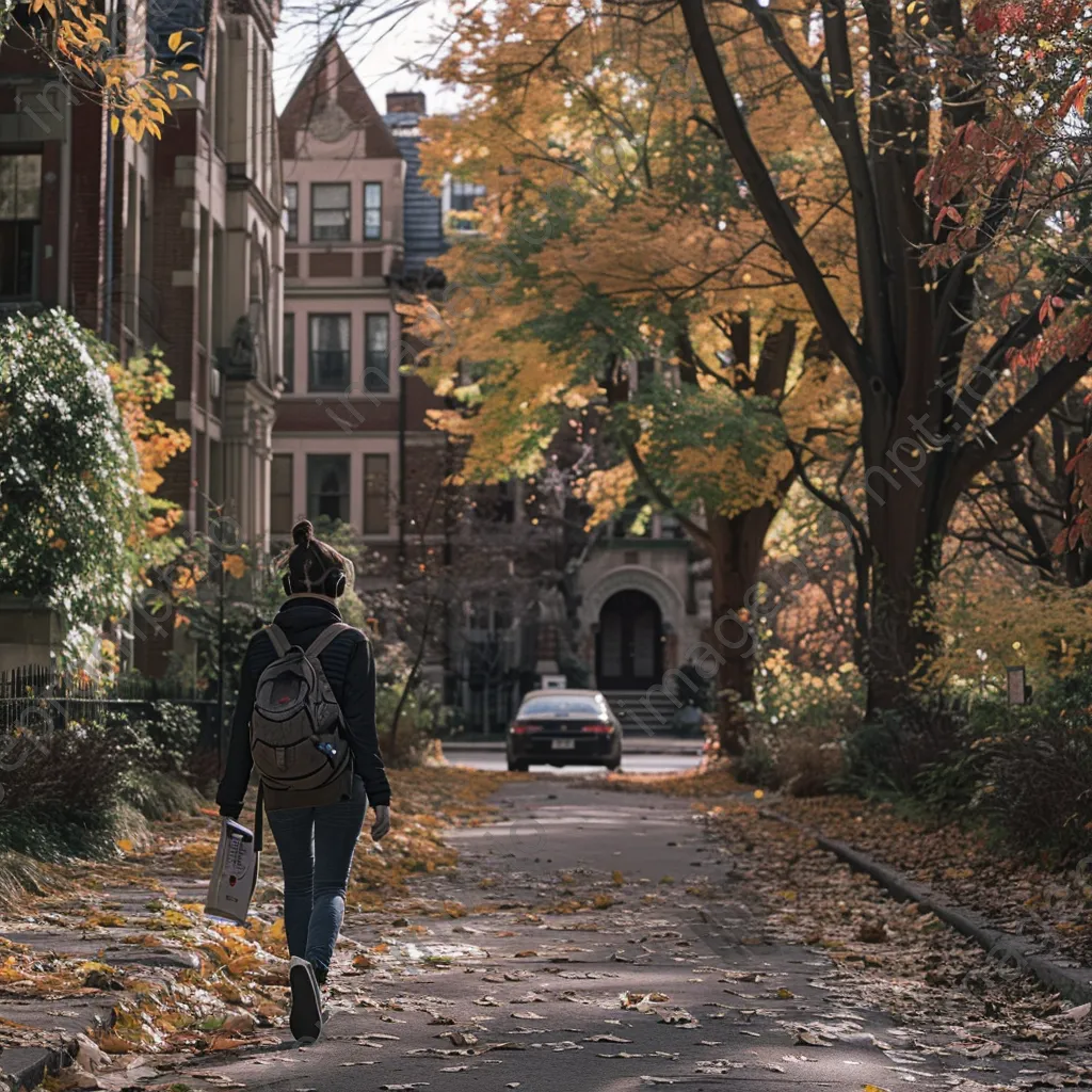 Student walking through a university campus surrounded by autumn leaves. - Image 1