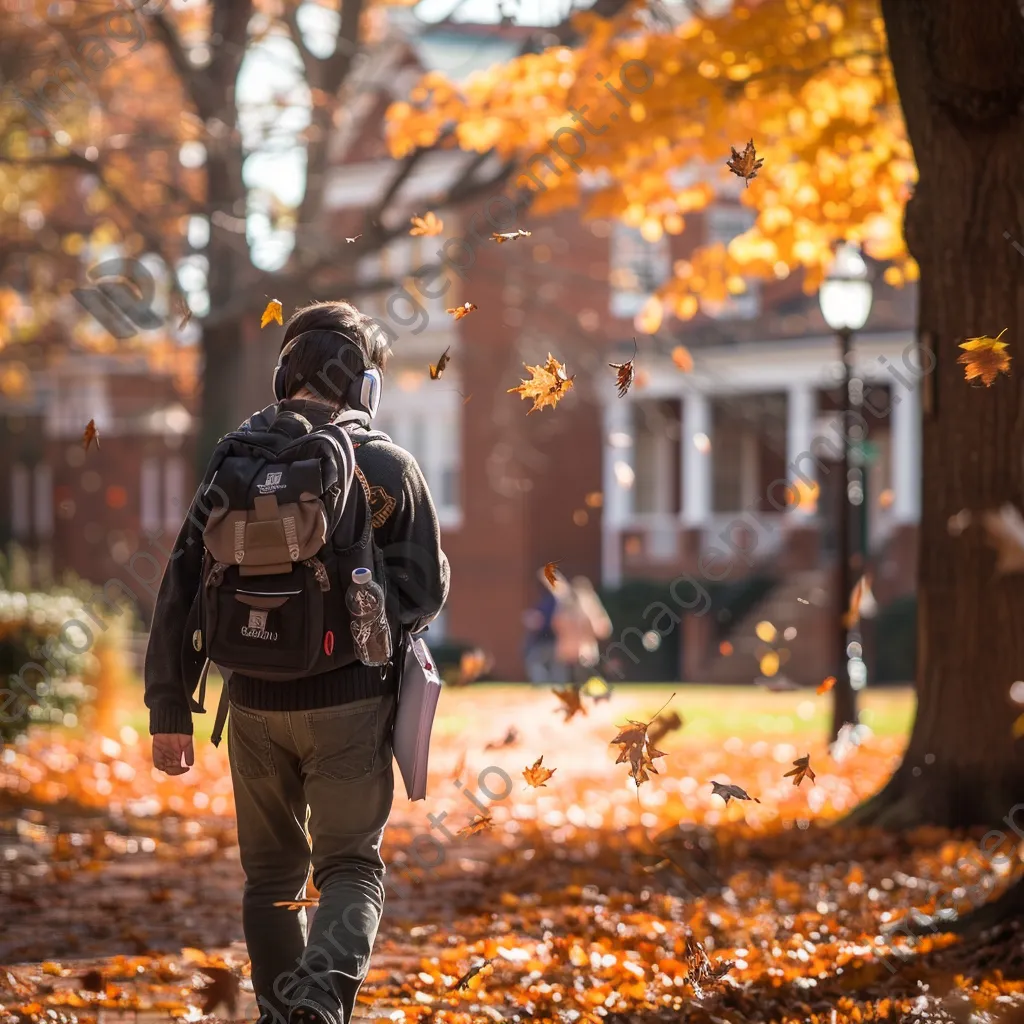 Student walking through a university campus surrounded by autumn leaves. - Image 2