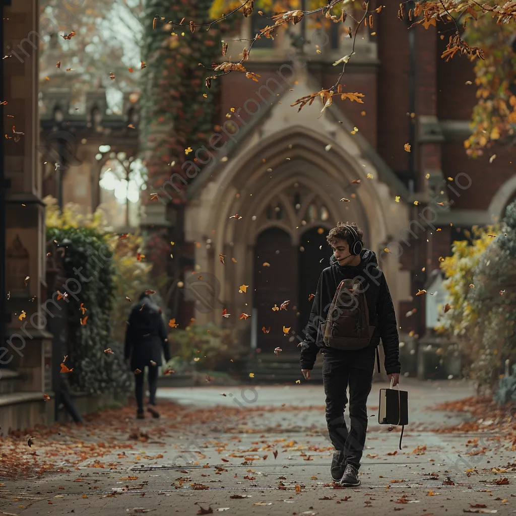 Student walking through a university campus surrounded by autumn leaves. - Image 3