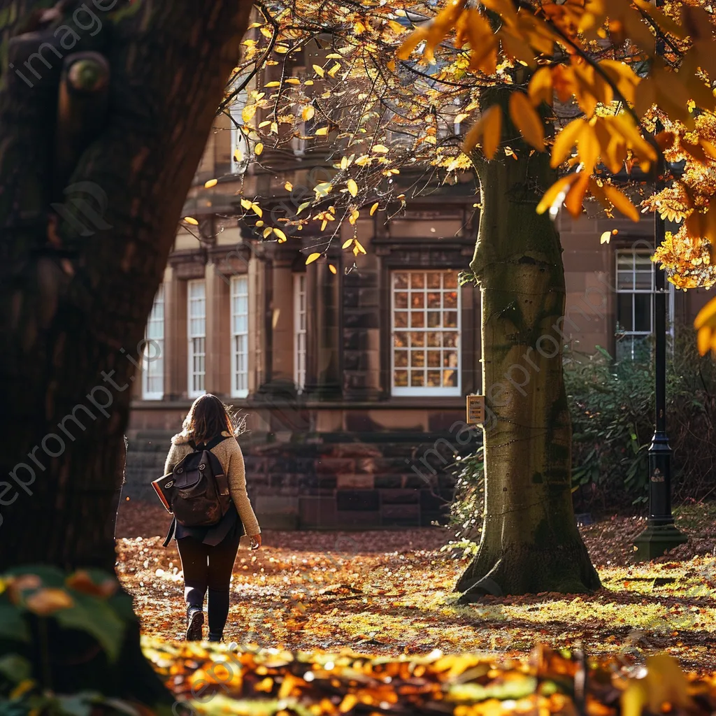 Student walking through a university campus surrounded by autumn leaves. - Image 4