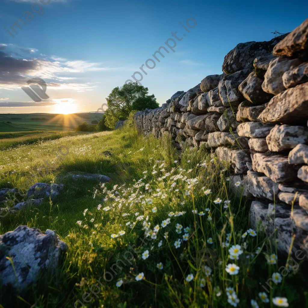 A dry stone wall surrounded by wildflowers in a green meadow during golden hour. - Image 1