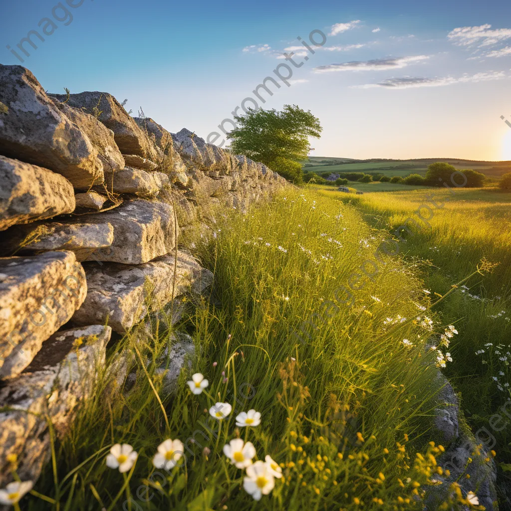 A dry stone wall surrounded by wildflowers in a green meadow during golden hour. - Image 2