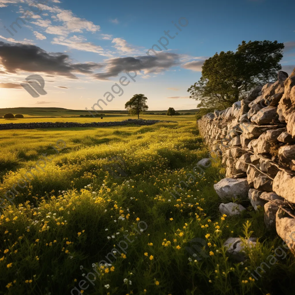 A dry stone wall surrounded by wildflowers in a green meadow during golden hour. - Image 3