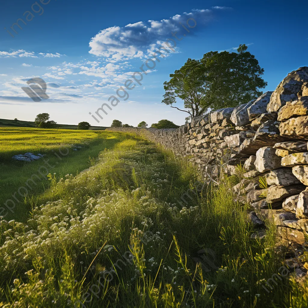 A dry stone wall surrounded by wildflowers in a green meadow during golden hour. - Image 4