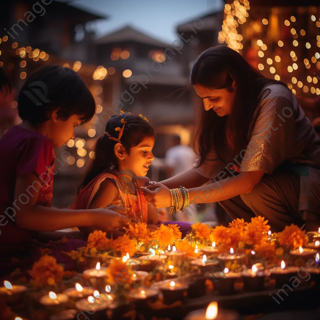 Families celebrating Diwali by lighting lamps in decorated homes. - Image 2