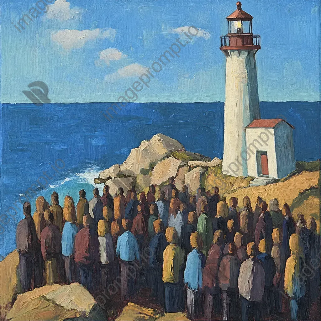 Community gathering at a bright lighthouse painted with oil on canvas - Image 1