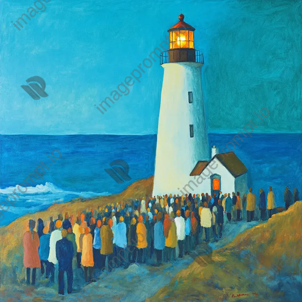 Community gathering at a bright lighthouse painted with oil on canvas - Image 2