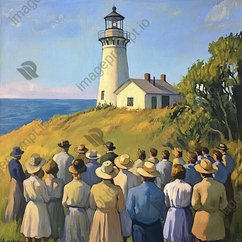 Community gathering at a bright lighthouse painted with oil on canvas - Image 3