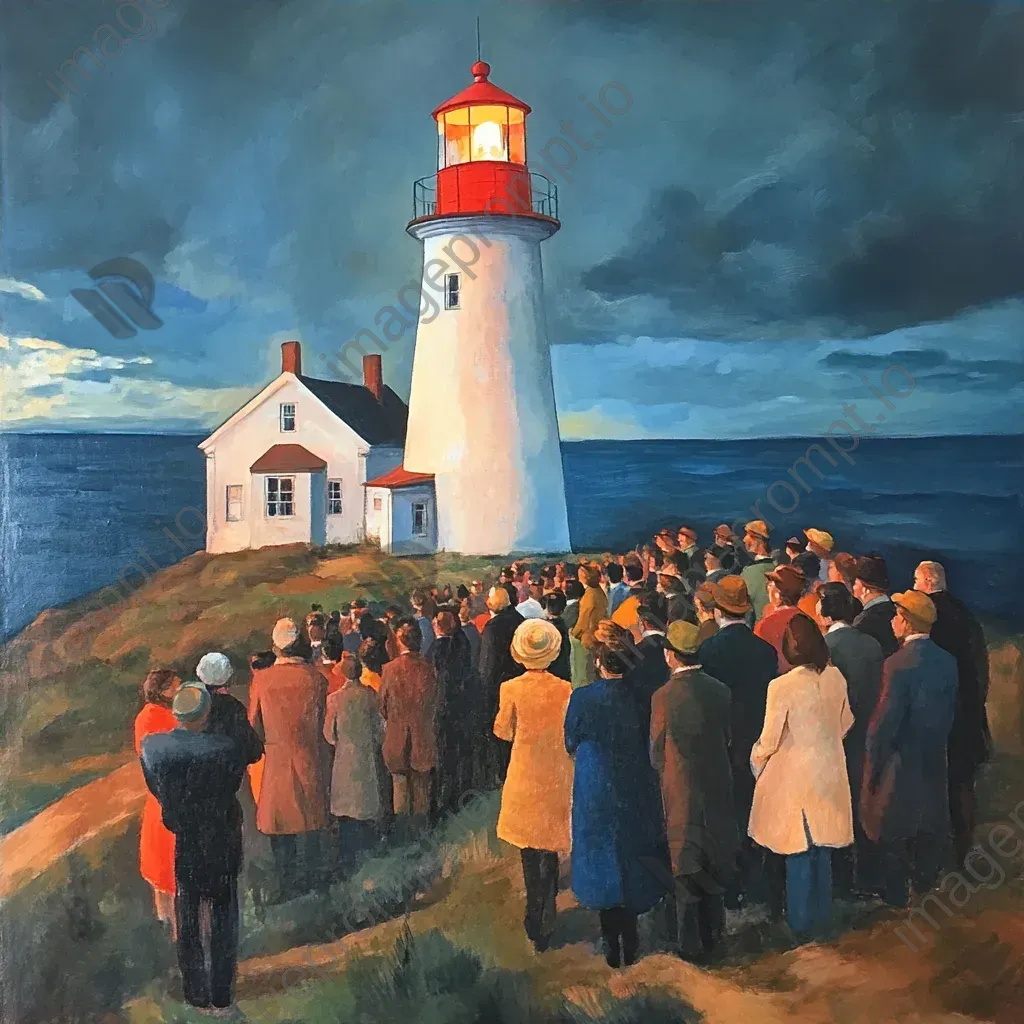 Community gathering at a bright lighthouse painted with oil on canvas - Image 4