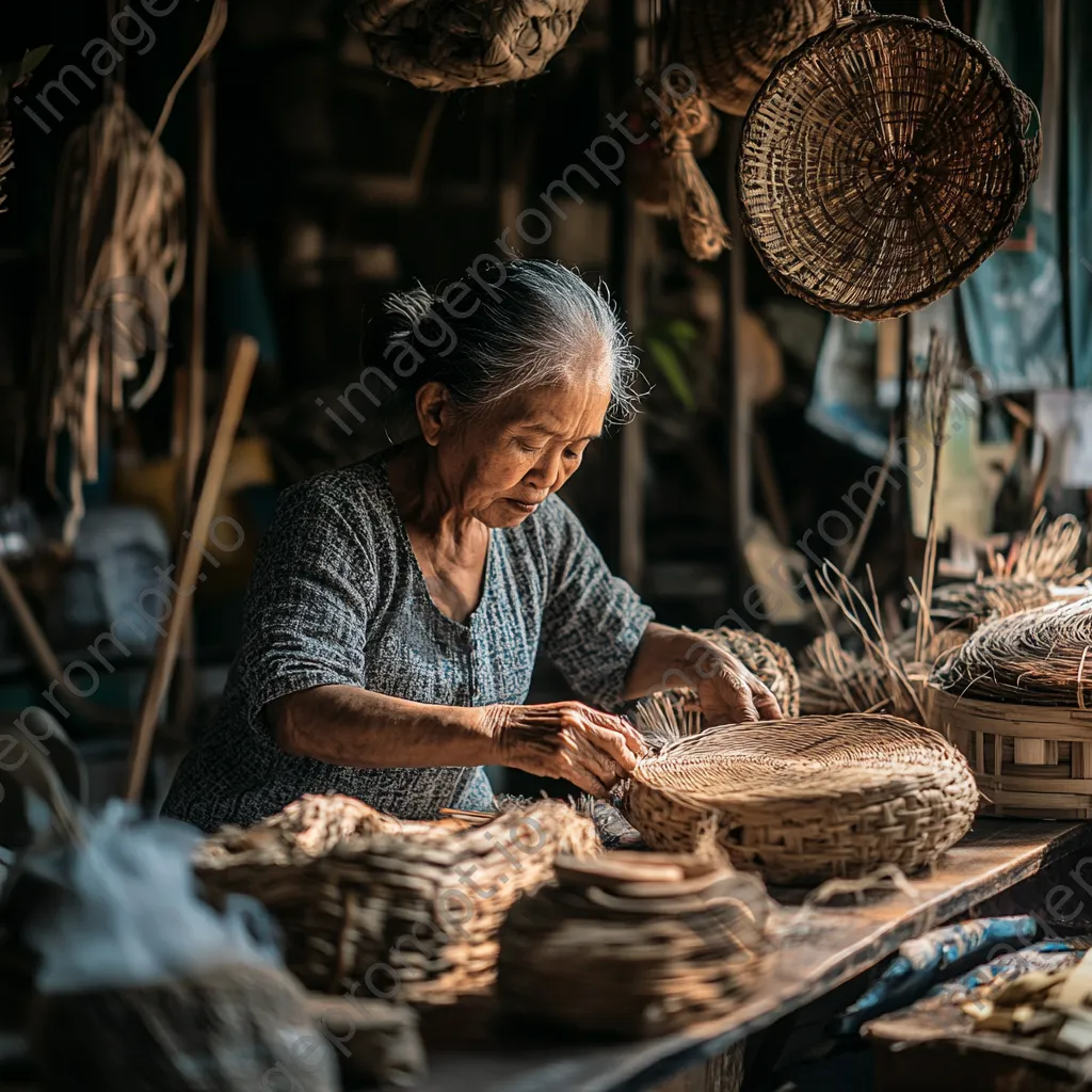 Artisans practicing basket weaving in a light-filled workshop - Image 1