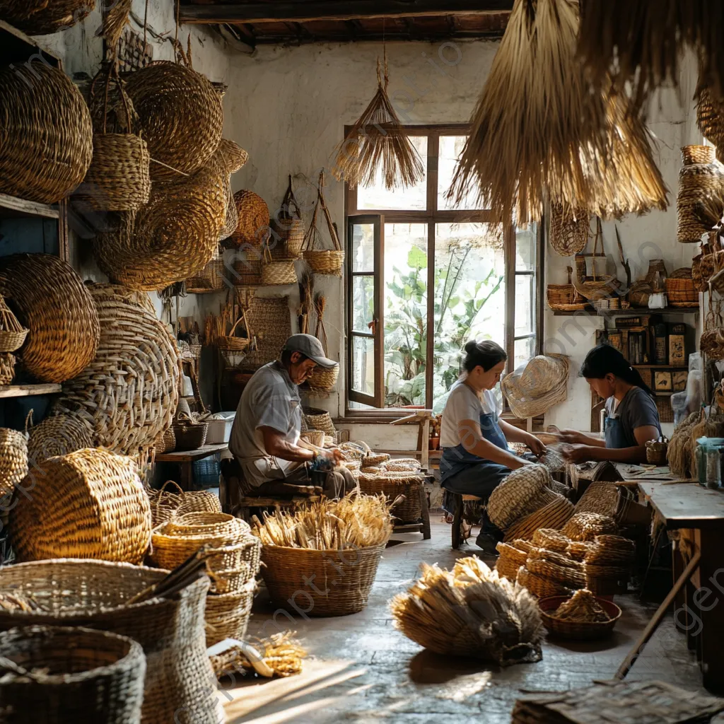 Artisans practicing basket weaving in a light-filled workshop - Image 2