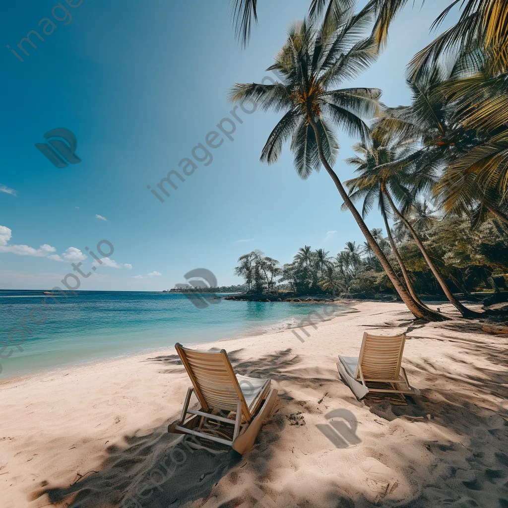 Tropical beach with lounge chairs, coconut trees, and sailboat - Image 1