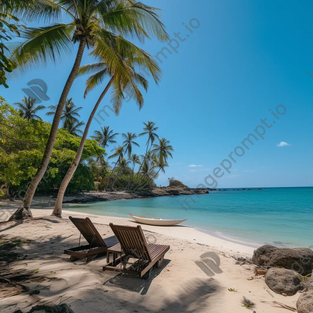 Tropical beach with lounge chairs, coconut trees, and sailboat - Image 2