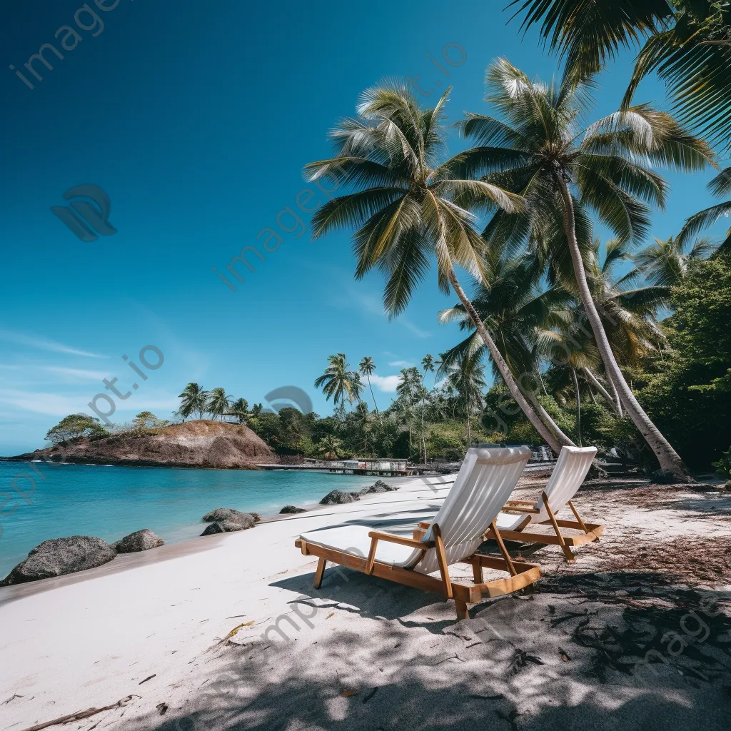 Tropical beach with lounge chairs, coconut trees, and sailboat - Image 3