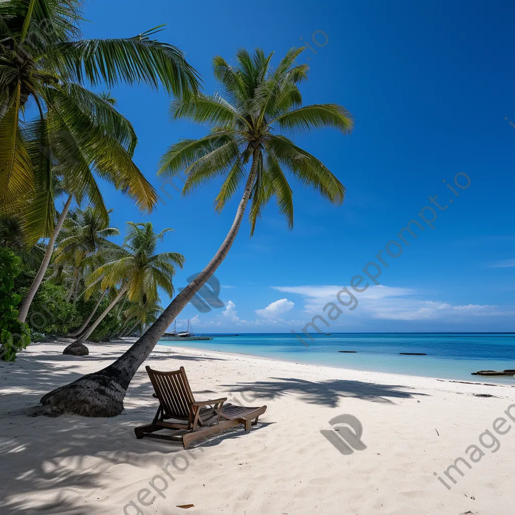 Tropical beach with lounge chairs, coconut trees, and sailboat - Image 4