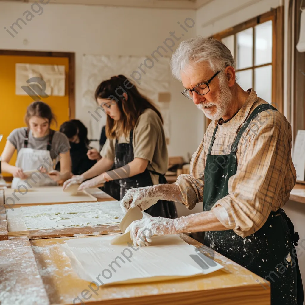 Students in a classroom learning how to make paper. - Image 1