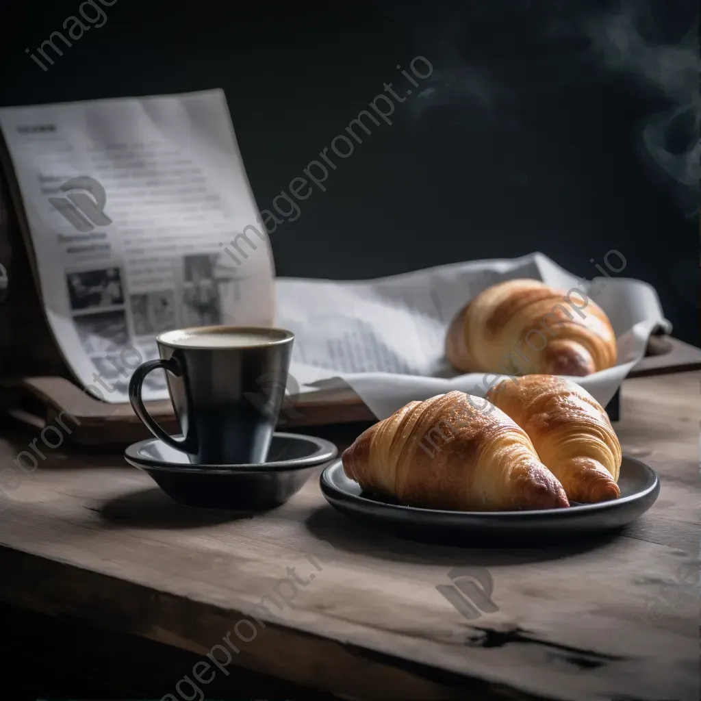 Top view of coffee cup, croissant, and newspaper on a wooden table - Image 1