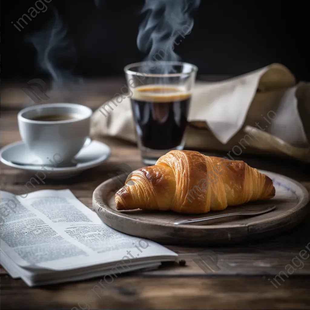 Top view of coffee cup, croissant, and newspaper on a wooden table - Image 2