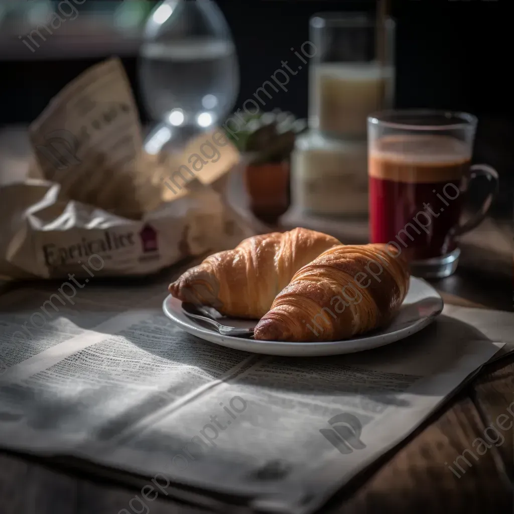 Top view of coffee cup, croissant, and newspaper on a wooden table - Image 3