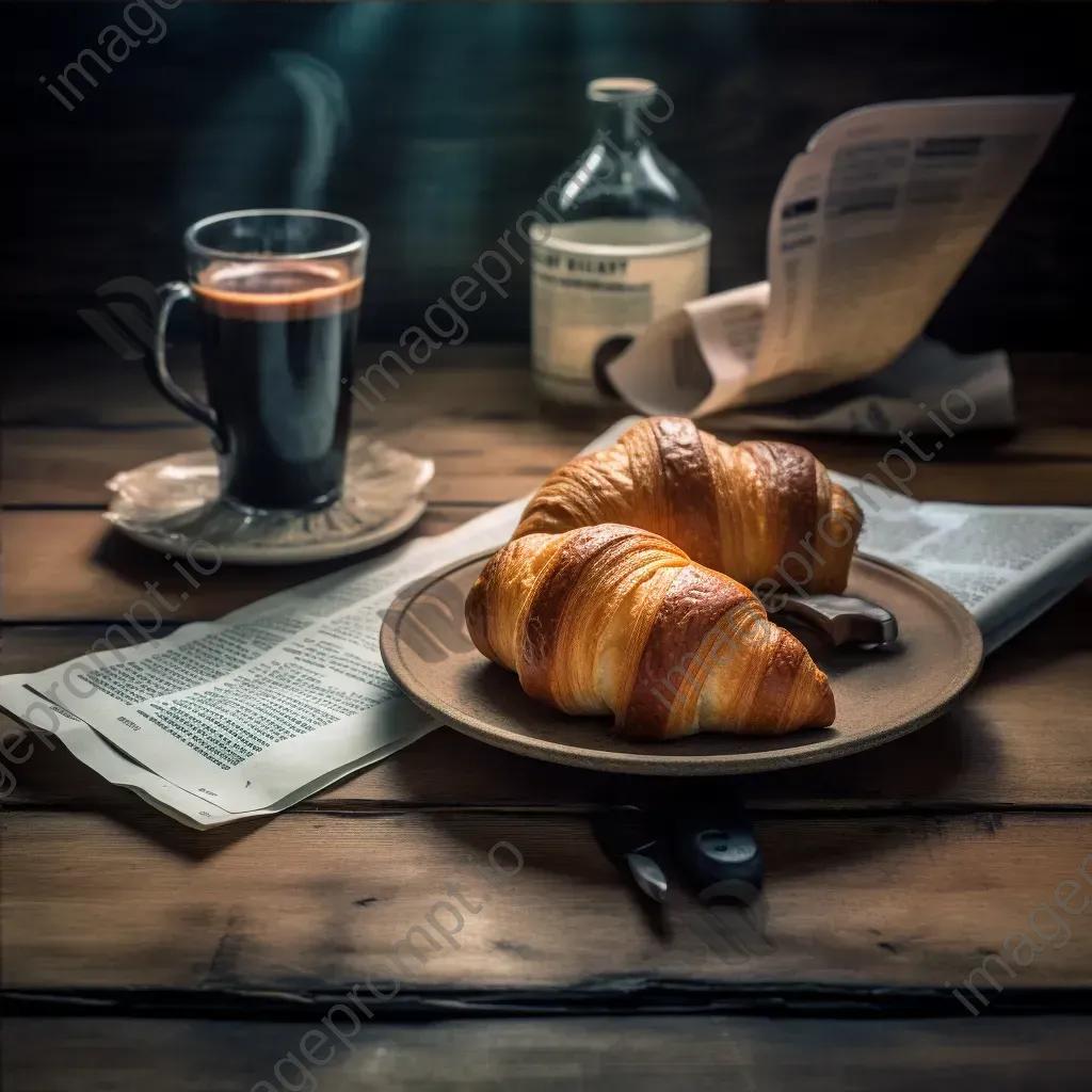 Top view of coffee cup, croissant, and newspaper on a wooden table - Image 4