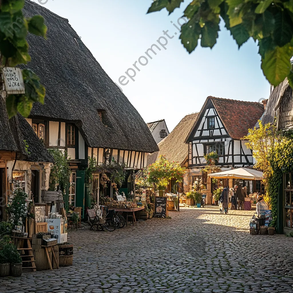 Village square bustling with activity and thatched roof homes - Image 1