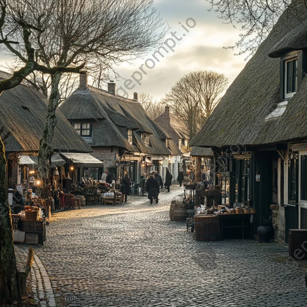 Village square bustling with activity and thatched roof homes - Image 2