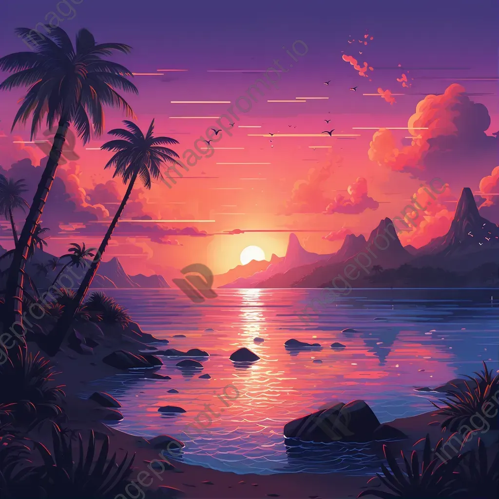 A pixel art of a sunset over a summer island - Image 1