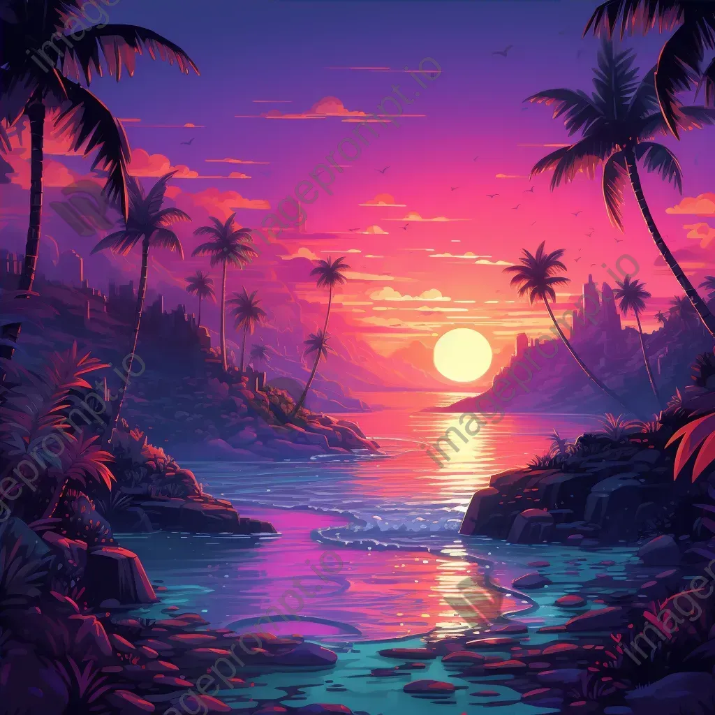 A pixel art of a sunset over a summer island - Image 4