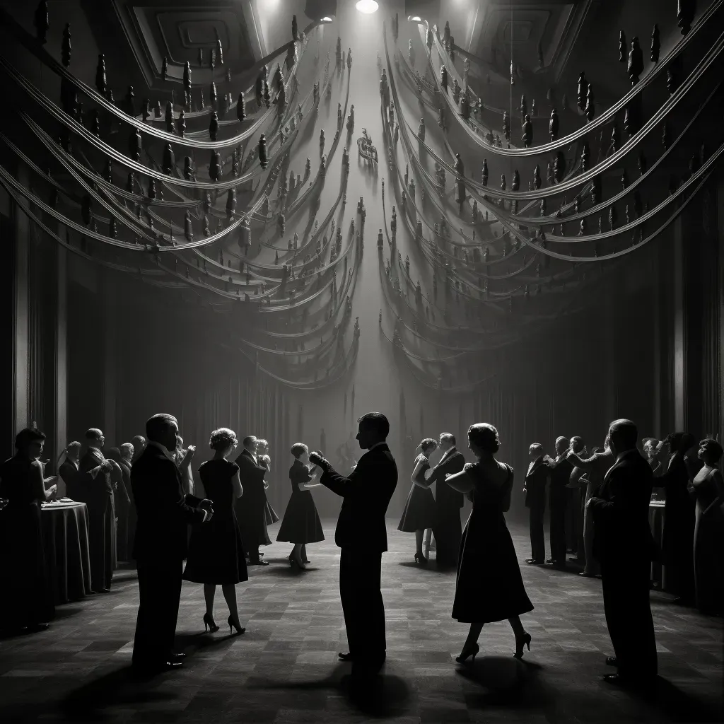 Swing dance party in a vintage ballroom with dancers in 1940s attire - Image 1