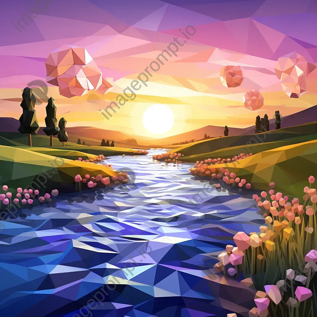 Low poly depiction of a peaceful river at twilight curving through a serene meadow - Image 1