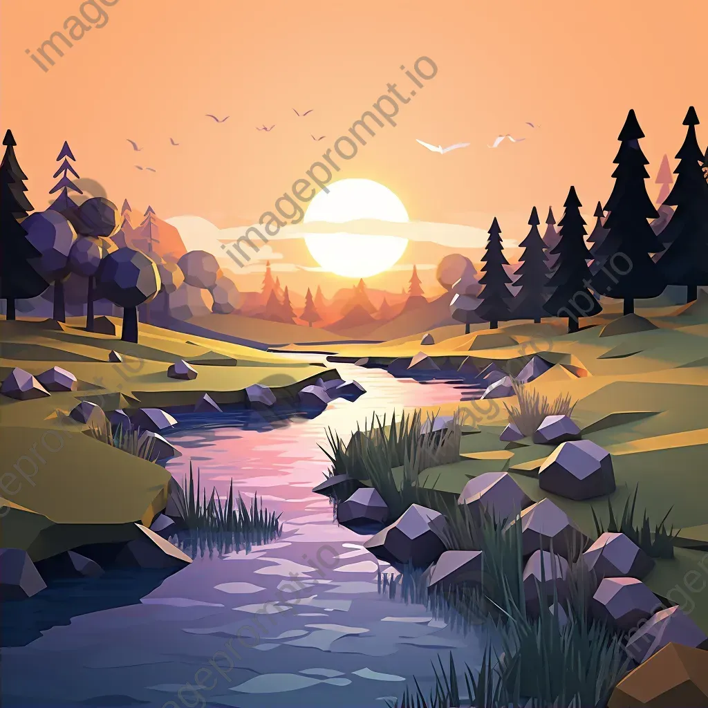 Low poly depiction of a peaceful river at twilight curving through a serene meadow - Image 2