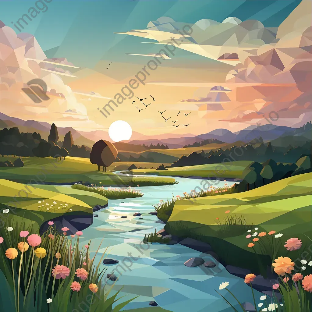 Low poly depiction of a peaceful river at twilight curving through a serene meadow - Image 3