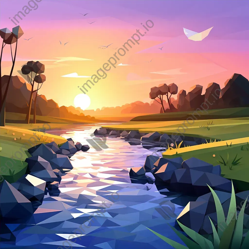 Low poly depiction of a peaceful river at twilight curving through a serene meadow - Image 4