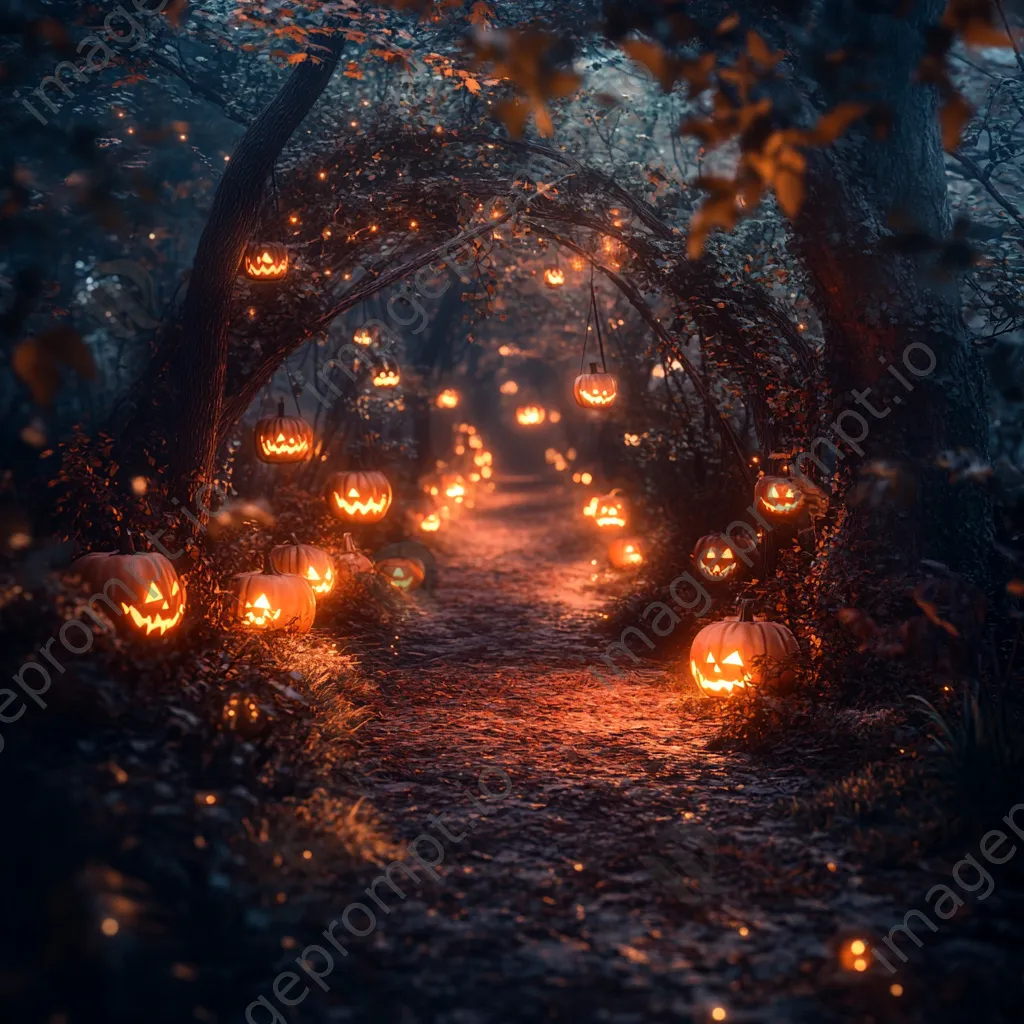 Forest path with glowing pumpkins and lanterns surrounded by mist - Image 1