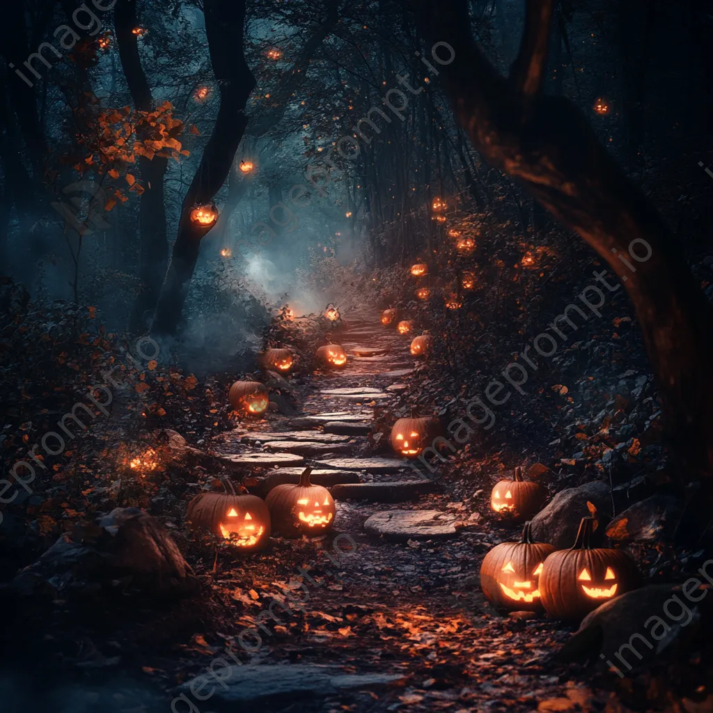 Forest path with glowing pumpkins and lanterns surrounded by mist - Image 2