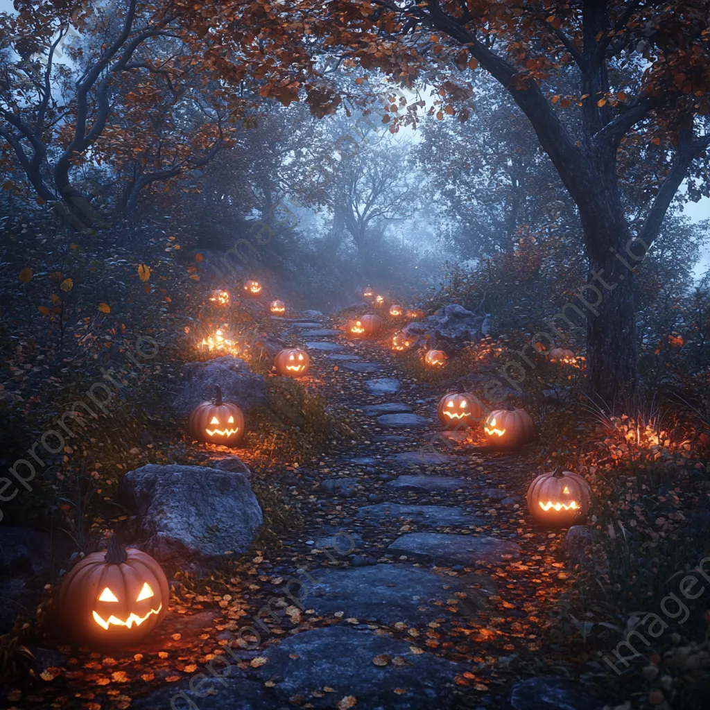 Forest path with glowing pumpkins and lanterns surrounded by mist - Image 3