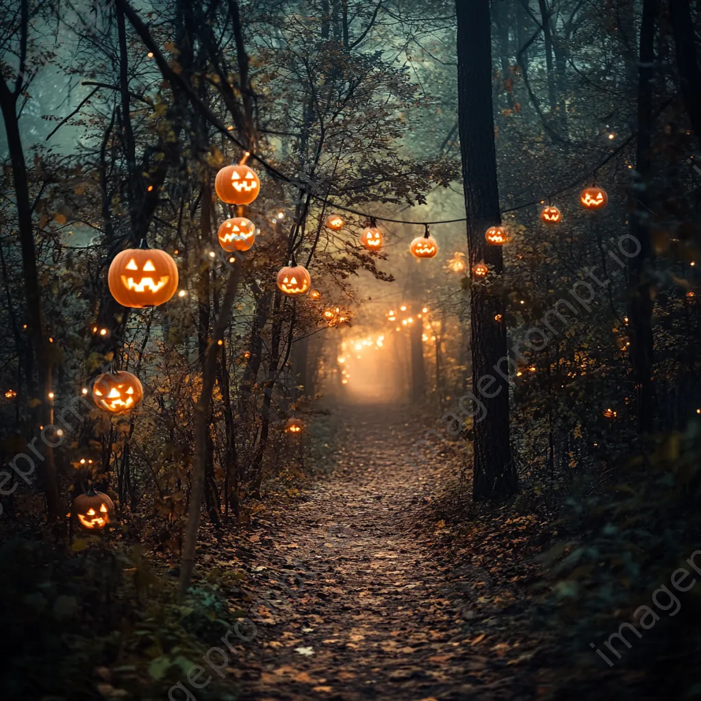 Forest path with glowing pumpkins and lanterns surrounded by mist - Image 4