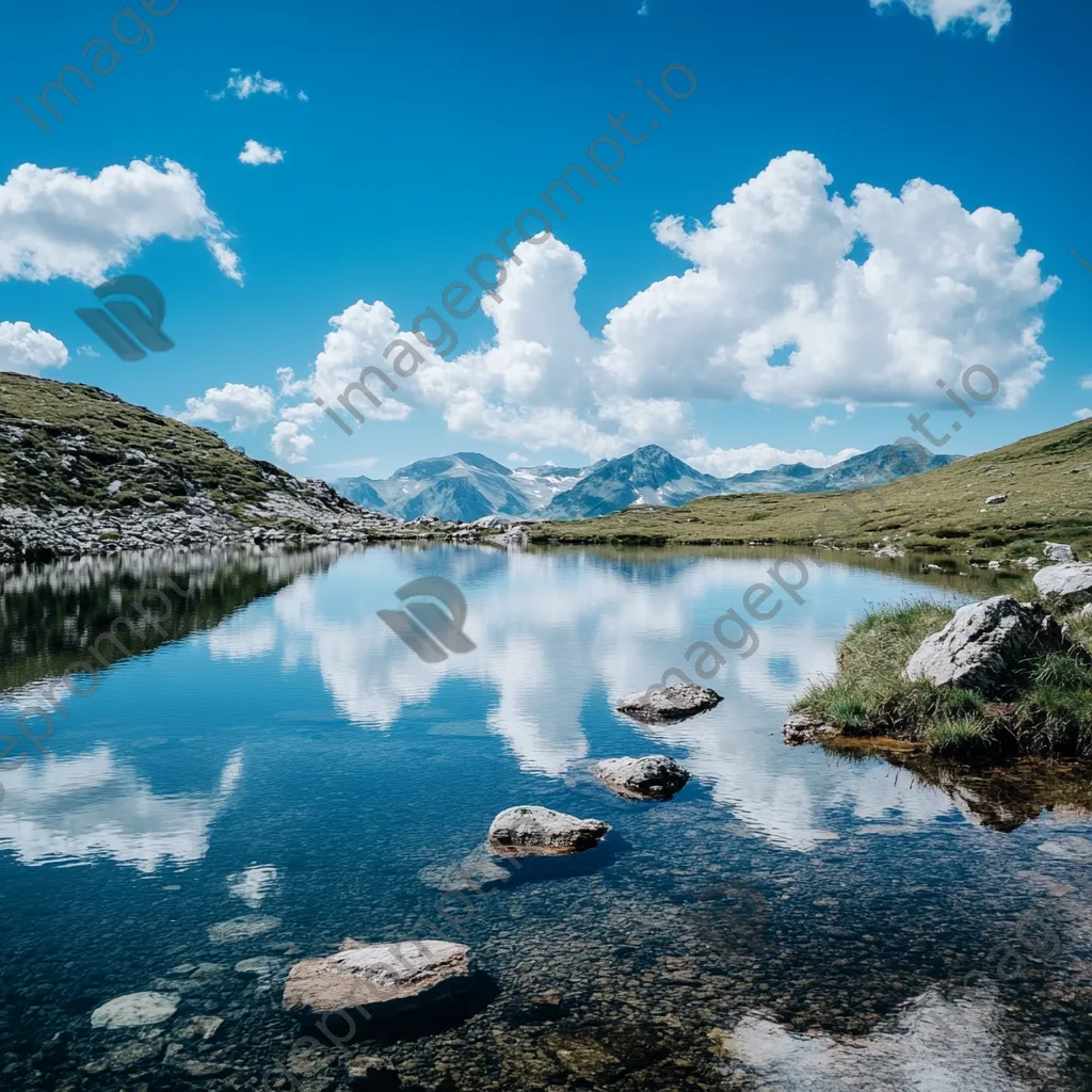 Serene alpine lake with reflections and hiking trails - Image 1