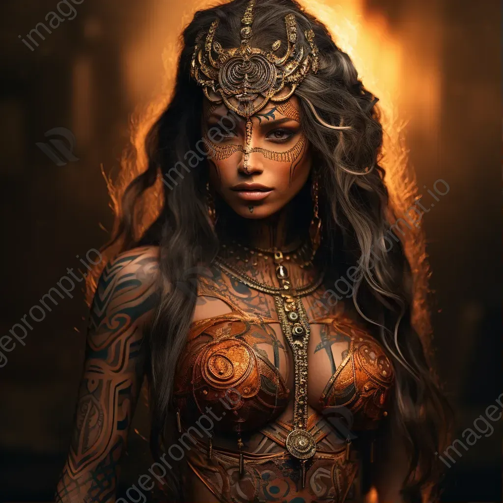 A Bronze Age warrior queen with symbolic tattoos, set against a golden sunset - Image 1