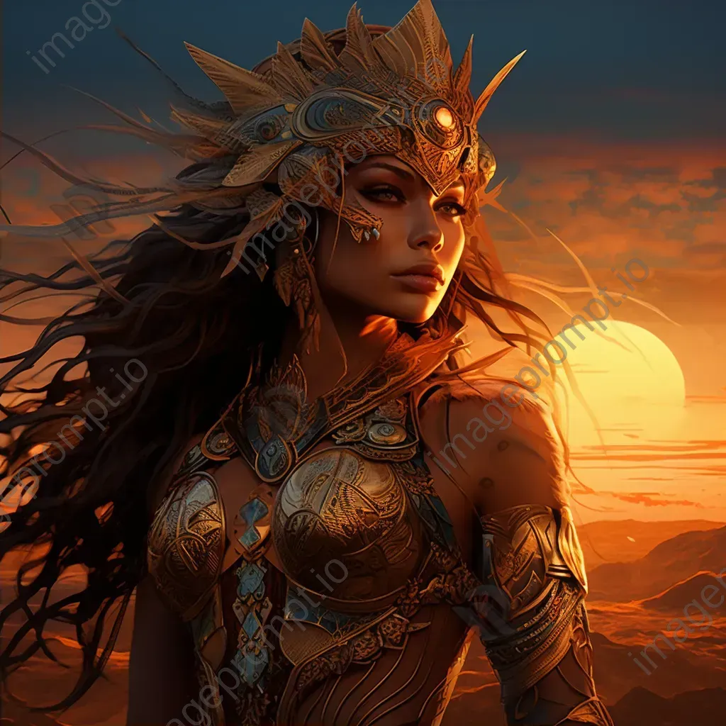 A Bronze Age warrior queen with symbolic tattoos, set against a golden sunset - Image 2