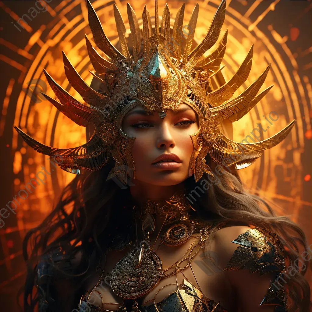 A Bronze Age warrior queen with symbolic tattoos, set against a golden sunset - Image 3